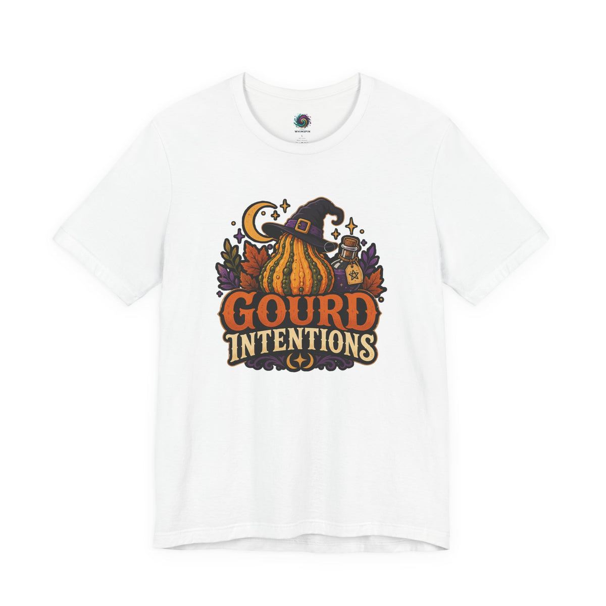 White witch and pumpkin graphic T-shirt with “Gourd Intentions” text on front