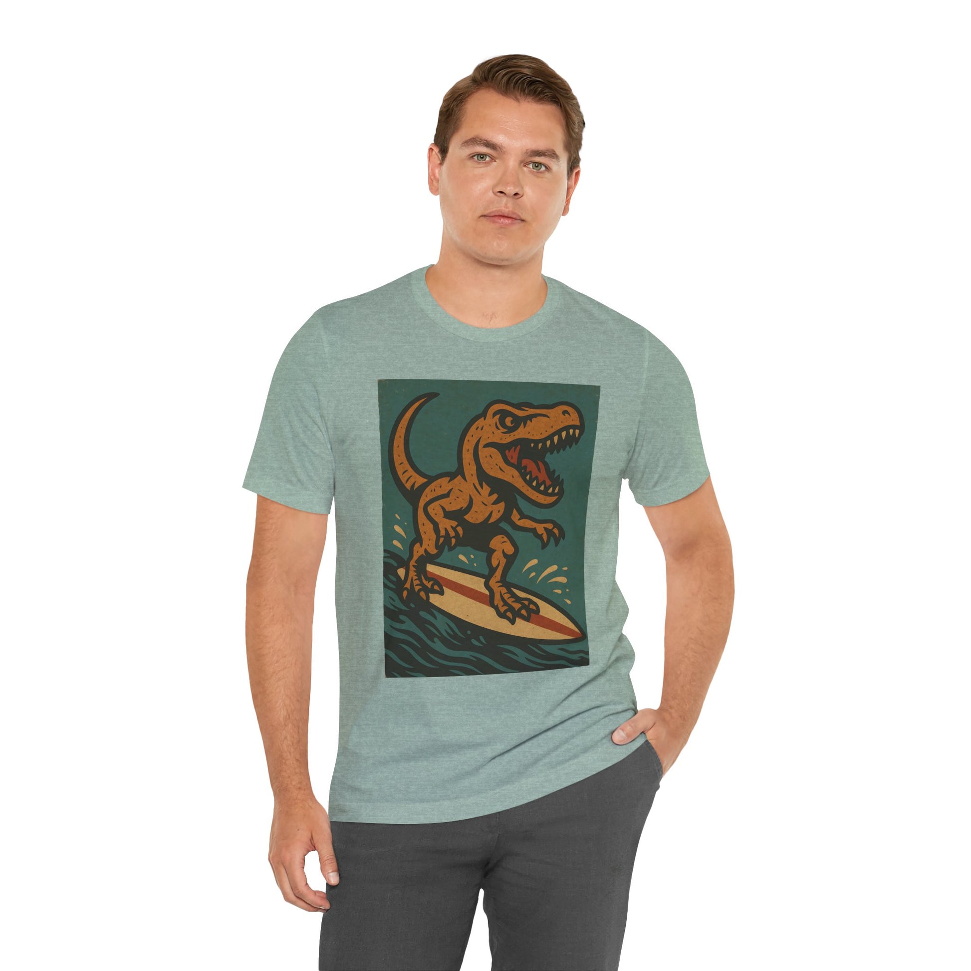 Surfing T-Rex T-Shirt – Funny Dinosaur Graphic Tee for Summer Vibes - WhimSpin - https://whimspin.com