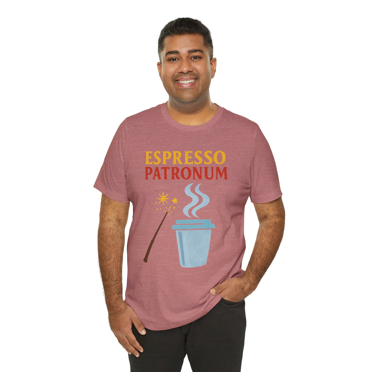 Mauve unisex T-shirt showing "Espresso Patronum" text and coffee cup illustration