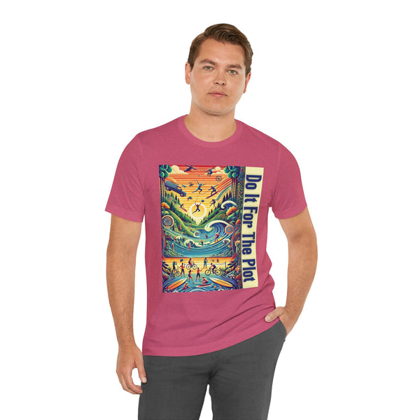 Pink graphic T-shirt on model, front rectangular print and short sleeves