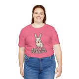 Pink women’s T-shirt with bunny illustration and “Roll for Initiative” lettering