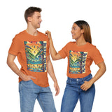 Orange crewneck T-shirts with colorful square graphic and vertical “Do it for the Plot” text