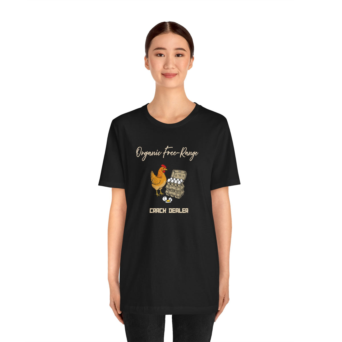 Black crewneck graphic T-shirt with chicken-and-eggs design and 'Crack Dealer' print