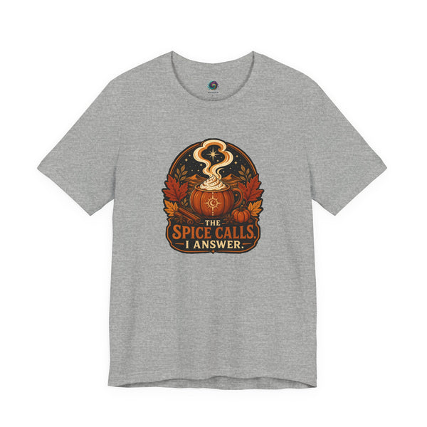 Heather gray T-shirt with front circular pumpkin spice cauldron graphic text "I ANSWER".