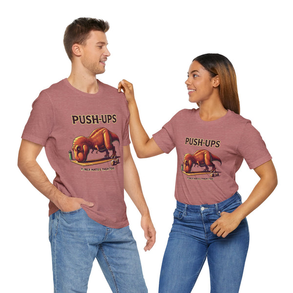 Pink dinosaur push-ups graphic T-shirt on two people, chest print visible
