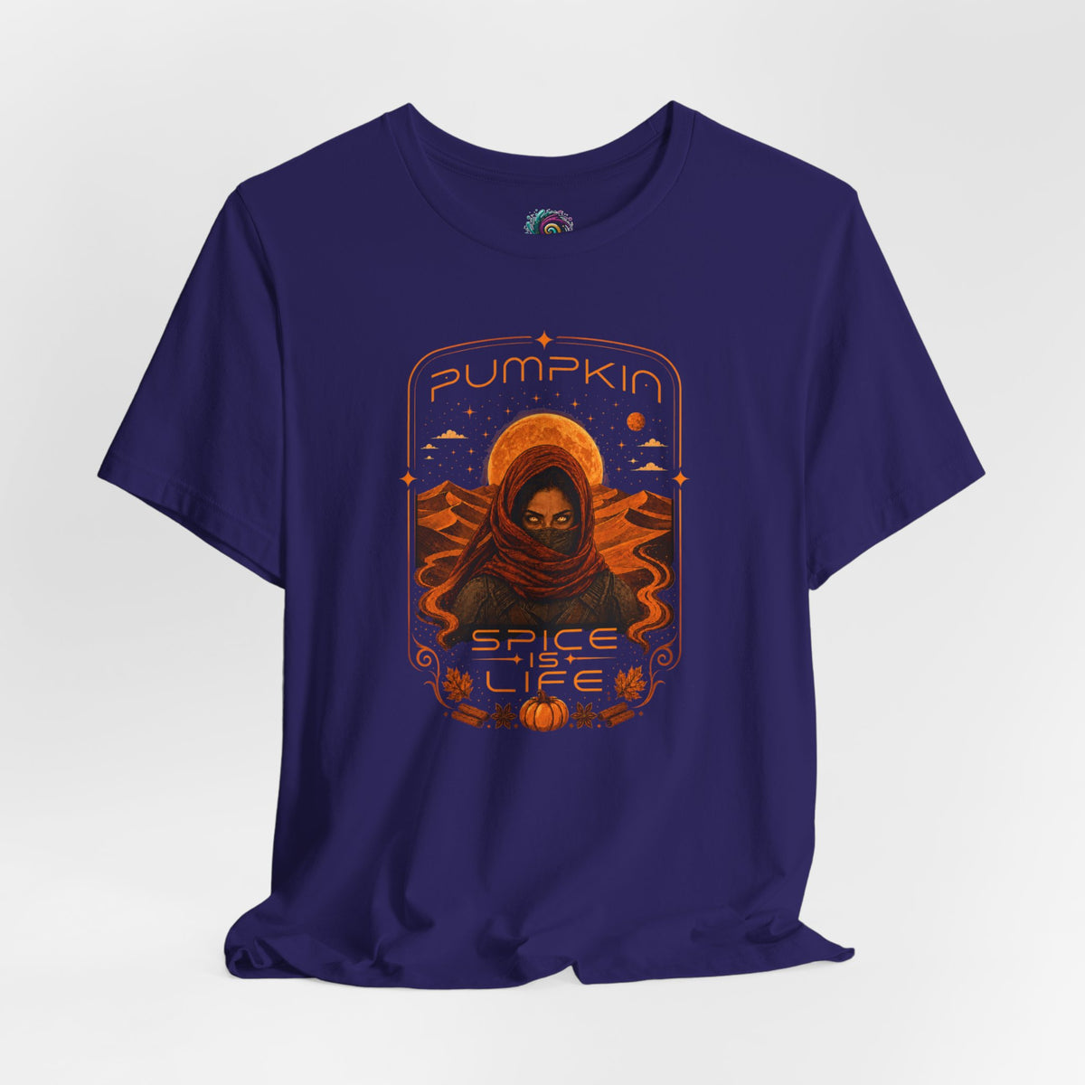 Purple short-sleeve T-shirt with orange sci-fi pumpkin graphic front print