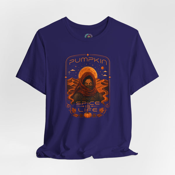 Purple short-sleeve T-shirt with orange sci-fi pumpkin graphic front print