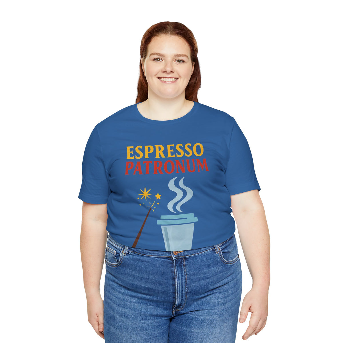 Blue crew-neck T-shirt worn by woman with “ESPRESSO PATRONUM” printed at center.