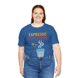 Blue crew-neck T-shirt worn by woman with “ESPRESSO PATRONUM” printed at center.