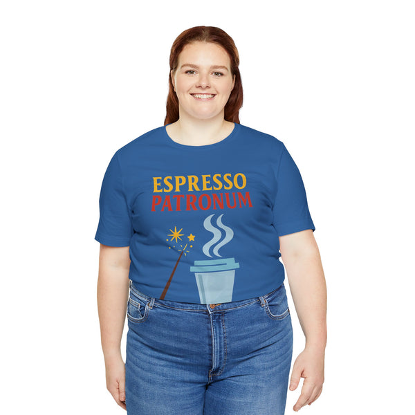 Blue crew-neck T-shirt worn by woman with “ESPRESSO PATRONUM” printed at center.
