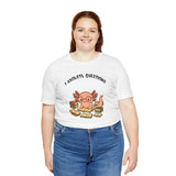 White crewneck t-shirt with axolotl reading graphic and 'Axolotl Questions' text