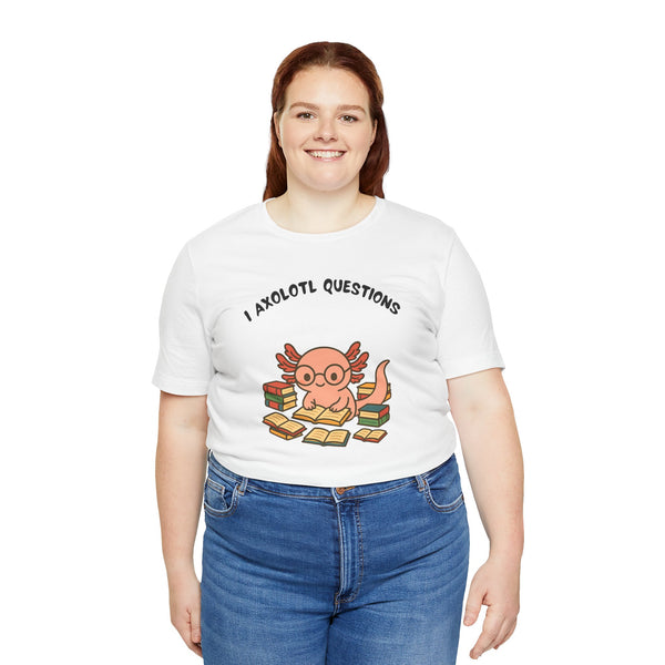 White crewneck t-shirt with axolotl reading graphic and 'Axolotl Questions' text