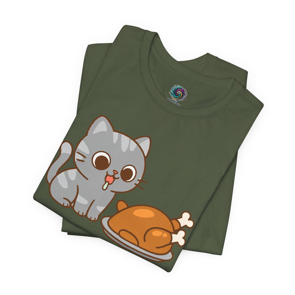 Olive green t-shirt flat lay with cute cat and turkey graphic, crew neck