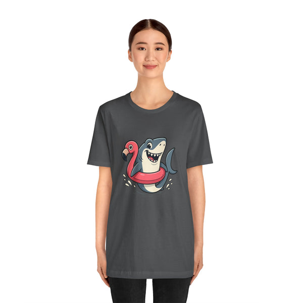 Dark gray crewneck t-shirt featuring a cartoon shark with a pink flamingo floatie