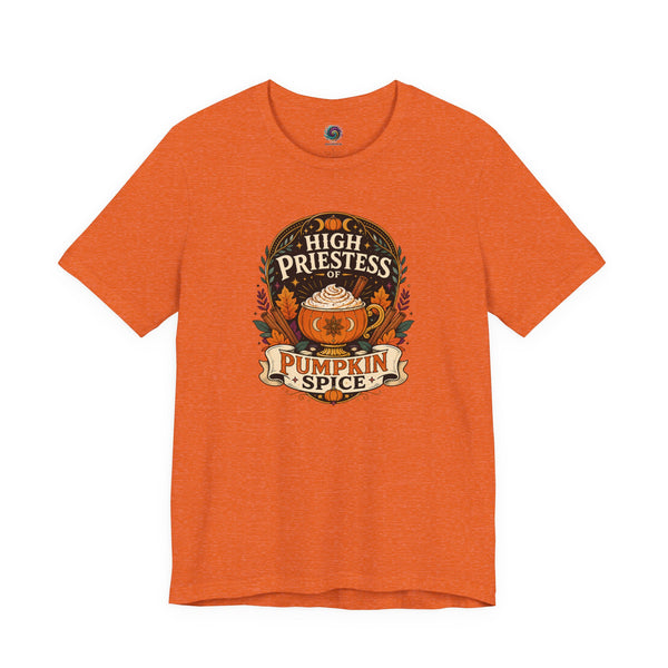 Orange T-shirt with “High Priestess” pumpkin spice front graphic