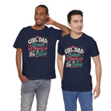 Two navy unisex graphic t-shirts showing “Girl Dad” braids, bows & big feelings text