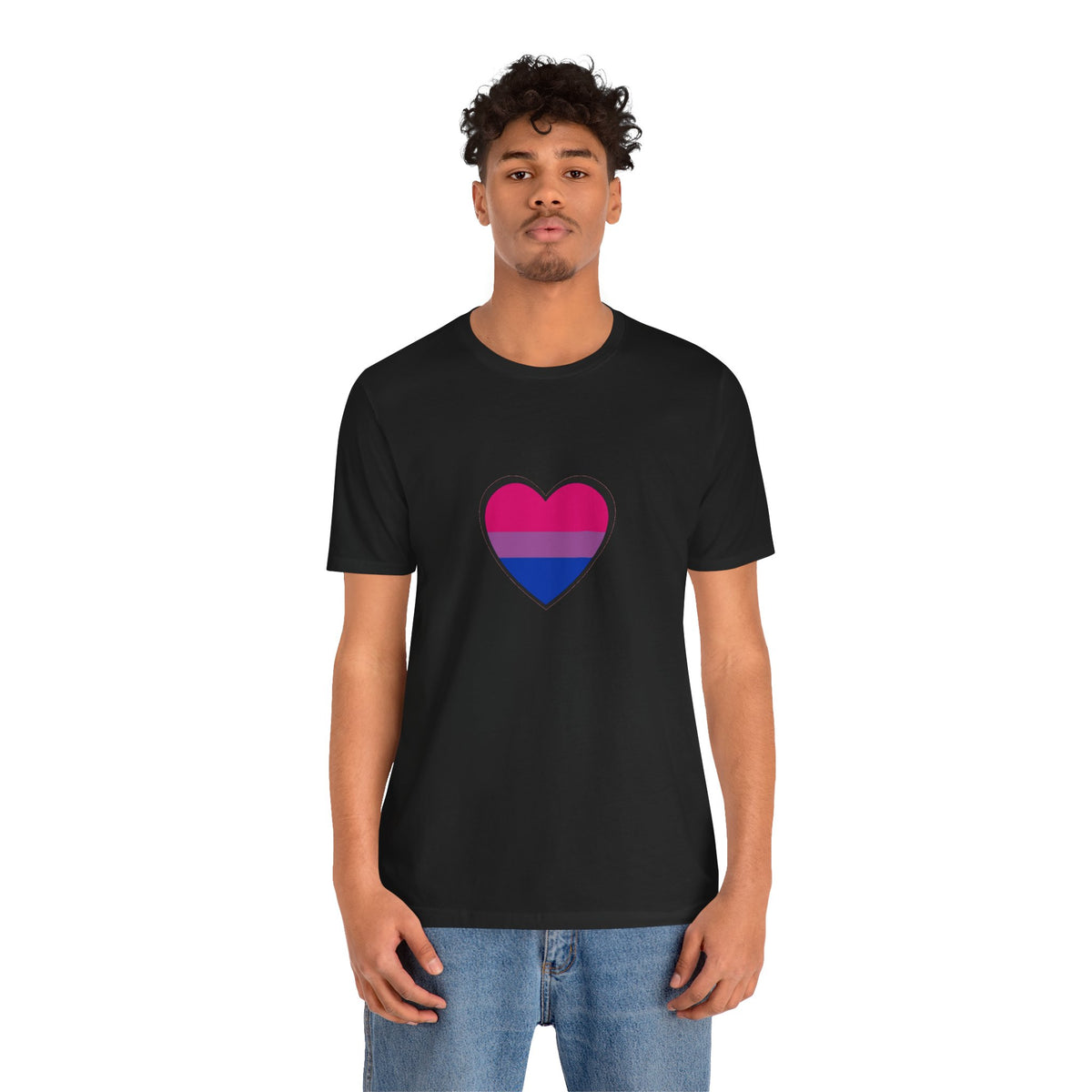 Black crew-neck T-shirt with bi pride heart graphic, worn by male model