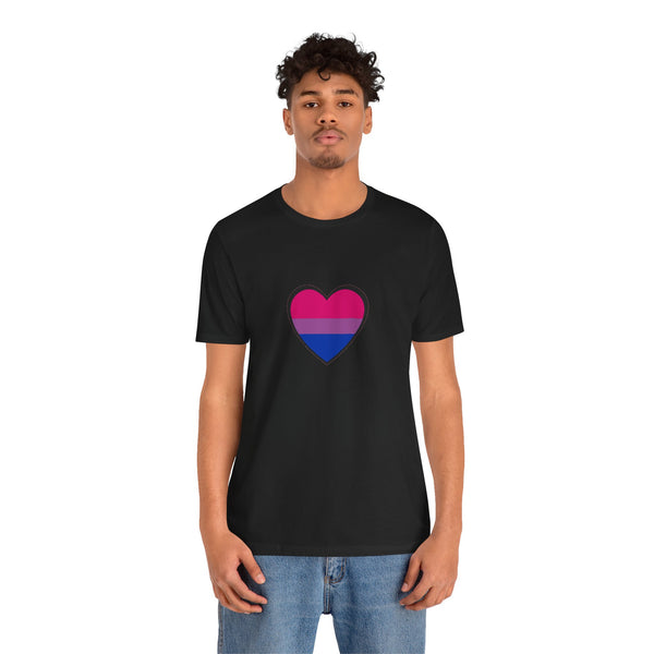 Black crew-neck T-shirt with bi pride heart graphic, worn by male model