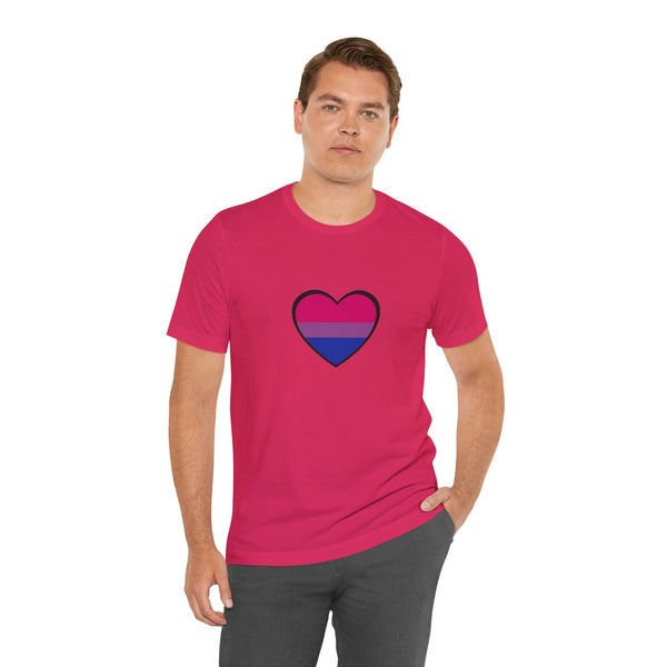 Pink crew-neck T-shirt with heart graphic showing blue and pink pride stripes