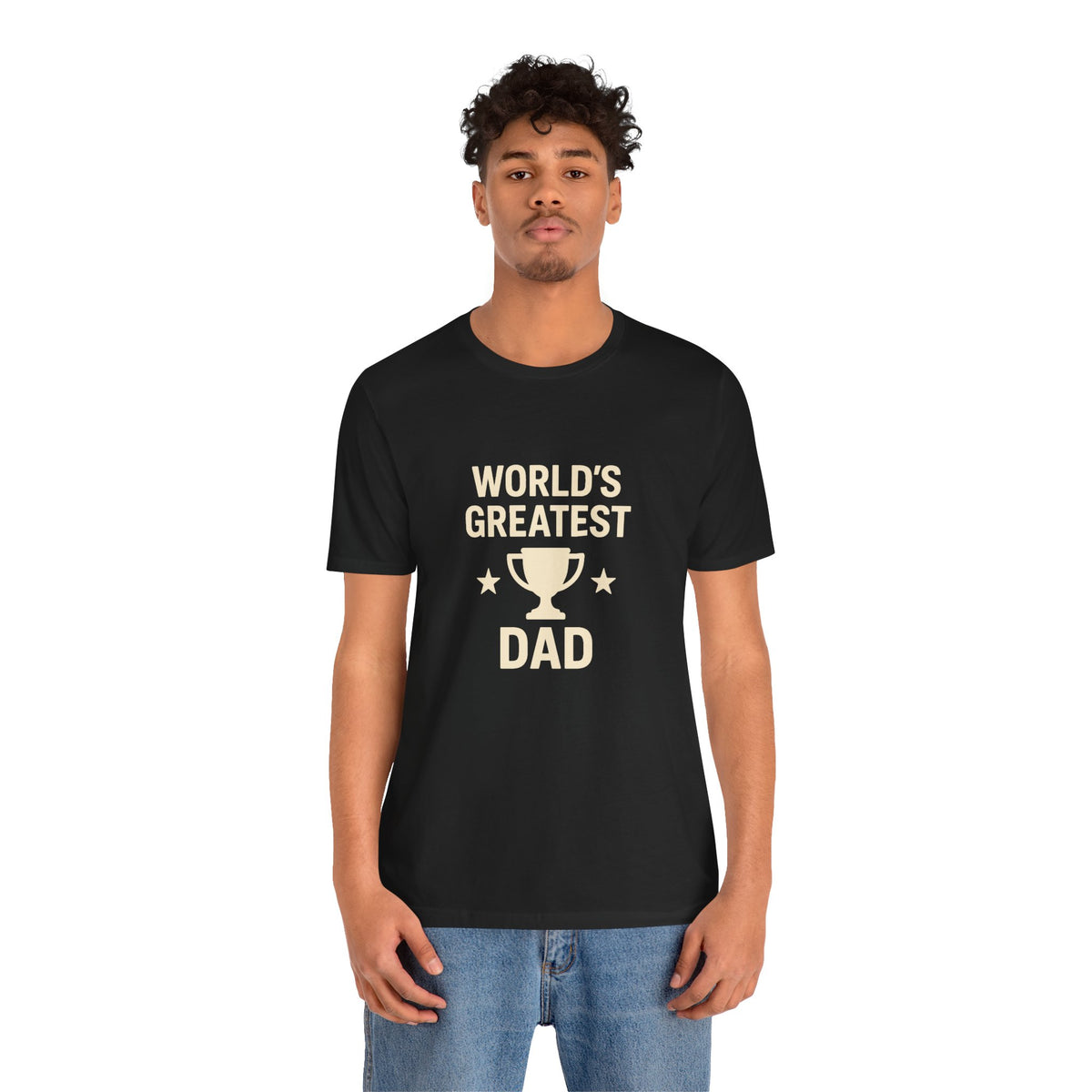 Black crew-neck dad T-shirt with “World’s Greatest Dad” trophy graphic