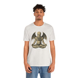 White unisex T-shirt on male model, meditating sea monster graphic