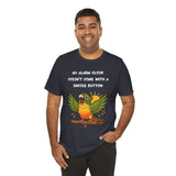 Dark heather T-shirt on model with parrot graphic and 'My alarm clock...snooze button' text