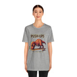 Heather gray crew-neck T-shirt with “Push-ups” T-Rex workout graphic