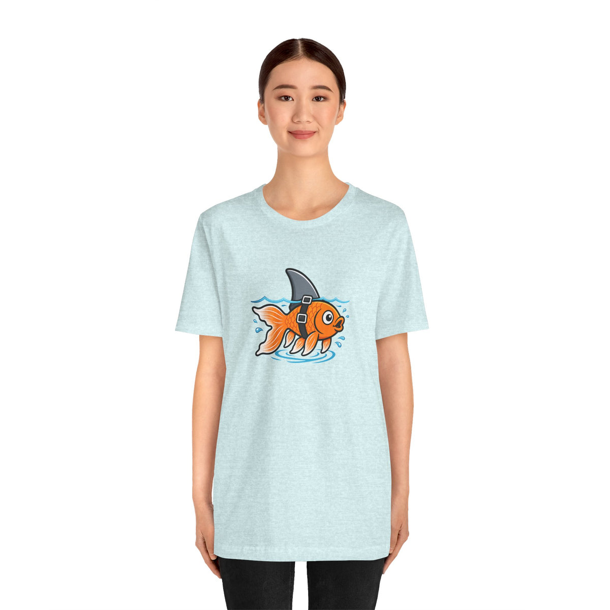 Light blue graphic T-shirt with orange fish and gray scuba helmet front print