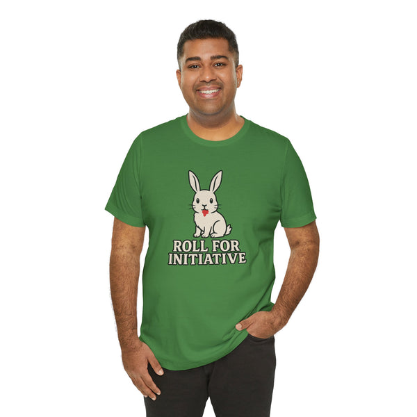 Green crewneck t-shirt with bunny graphic and 'Roll for Initiative' text