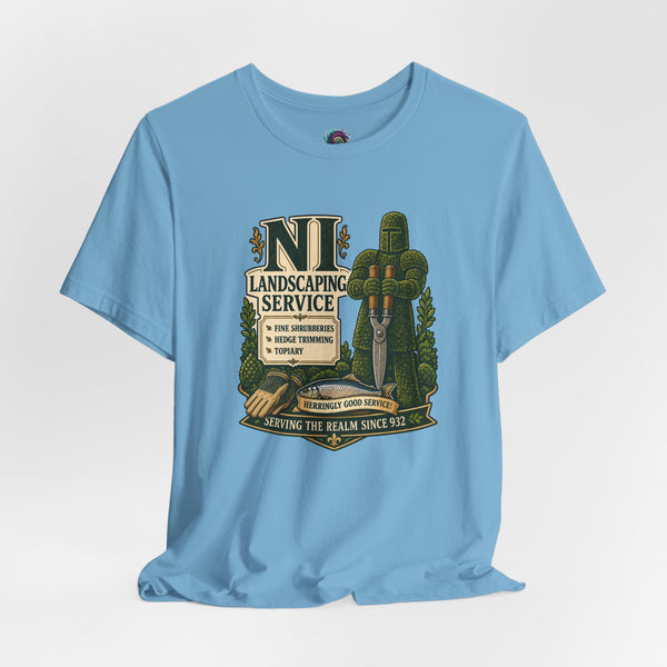 Light blue crewneck T-shirt with green shrub and cactus graphic on front