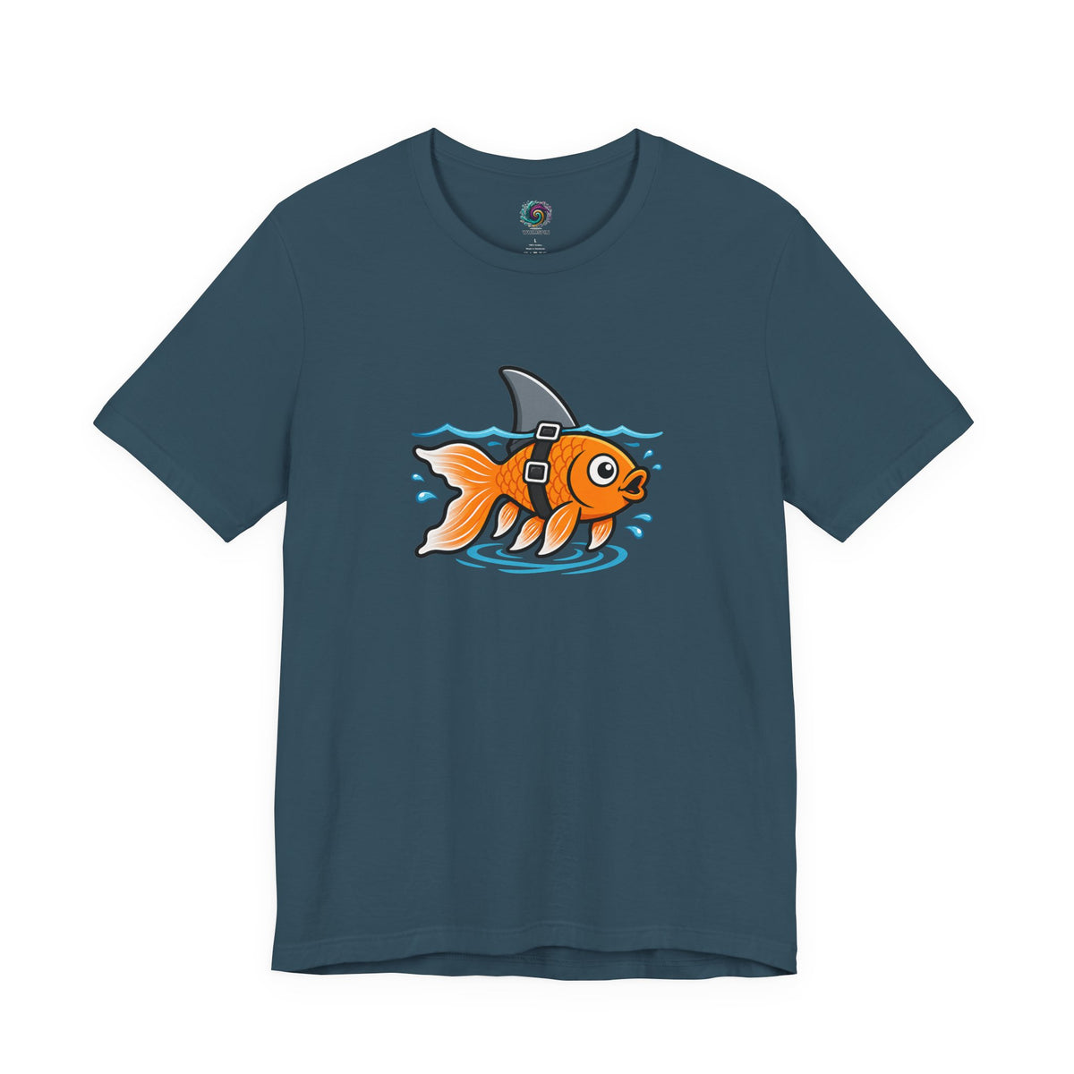 Dark teal T-shirt with cartoon goldfish-and-shark graphic on the chest