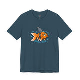 Dark teal T-shirt with cartoon goldfish-and-shark graphic on the chest