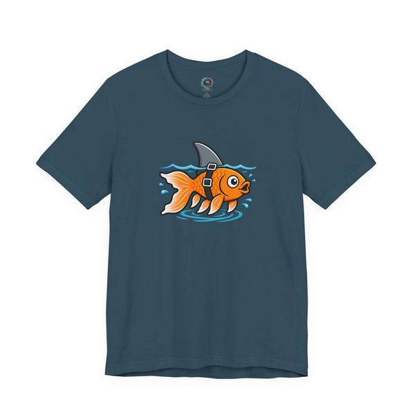 Dark teal T-shirt with cartoon goldfish-and-shark graphic on the chest