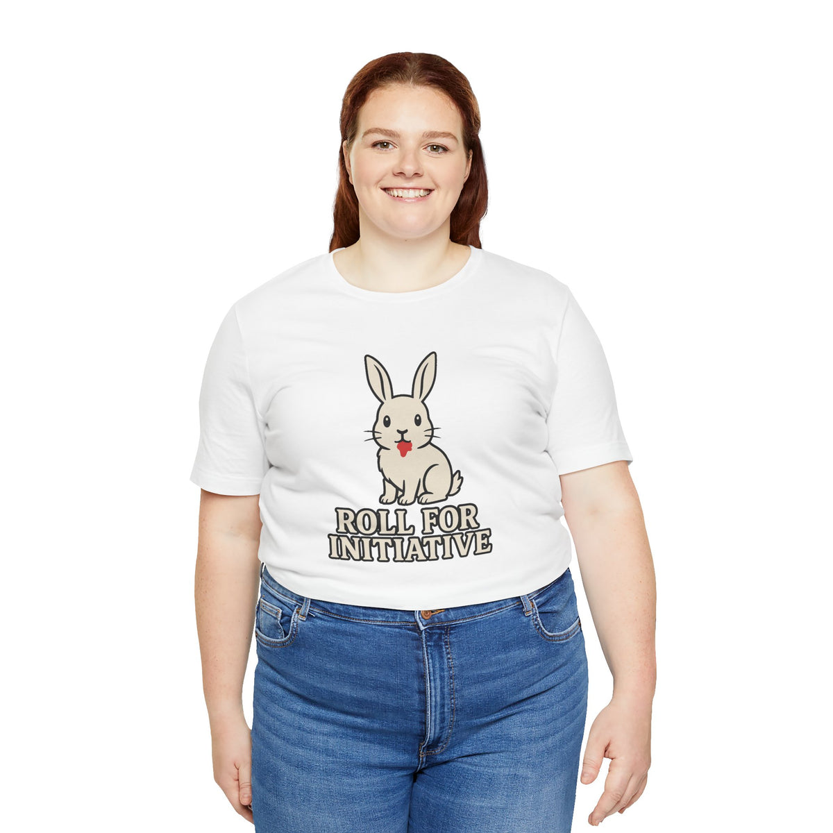 White crew-neck T-shirt showing bunny graphic and “ROLL FOR INITIATIVE” text