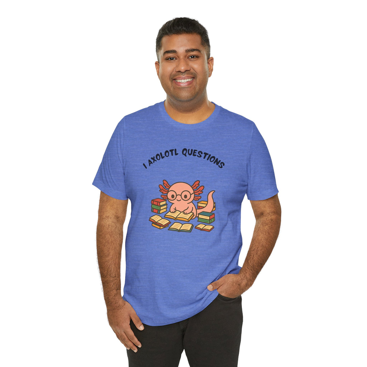 Blue crewneck T-shirt with axolotl reading book graphic on smiling model