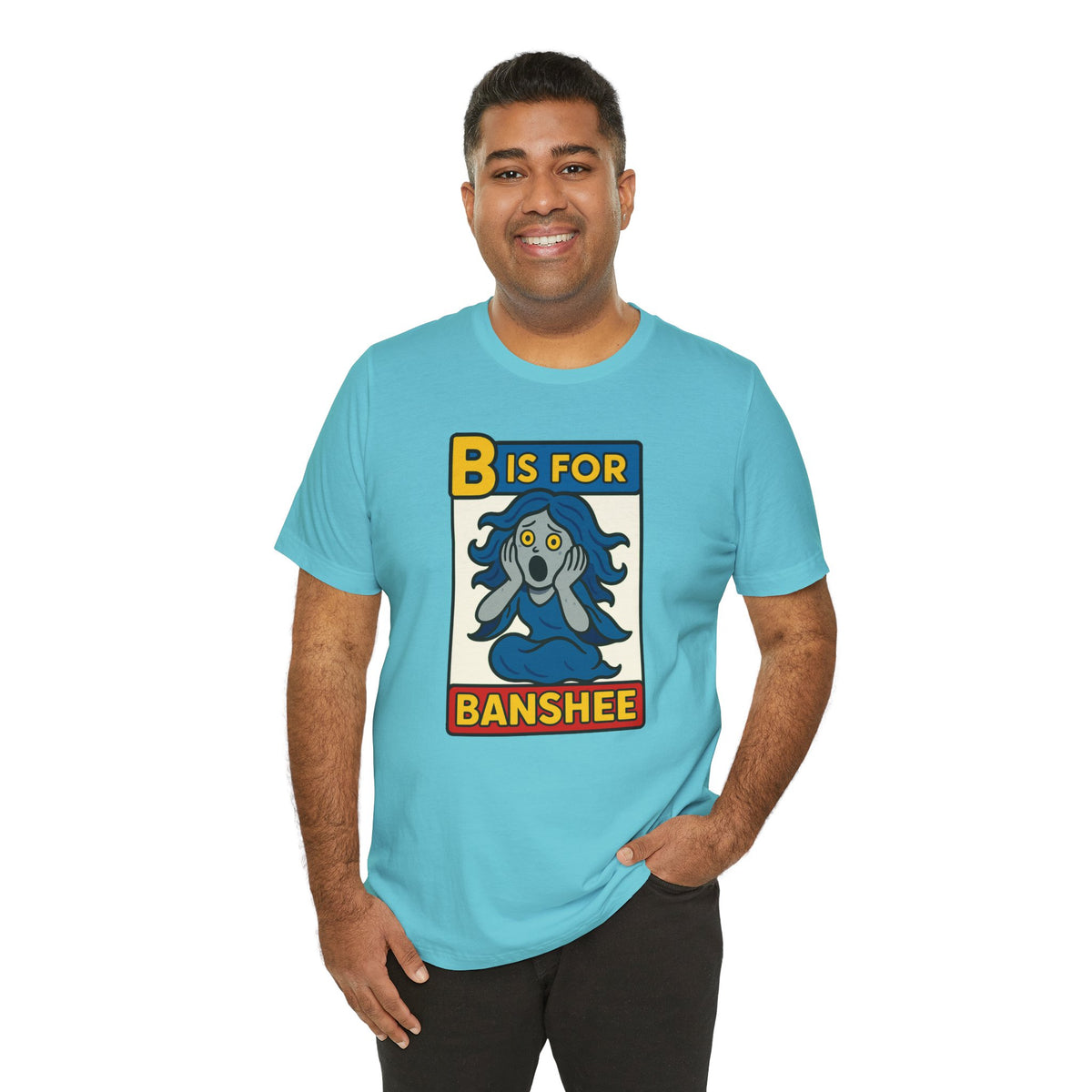 Turquoise short-sleeve T-shirt with “B is for Banshee” cartoon graphic on front