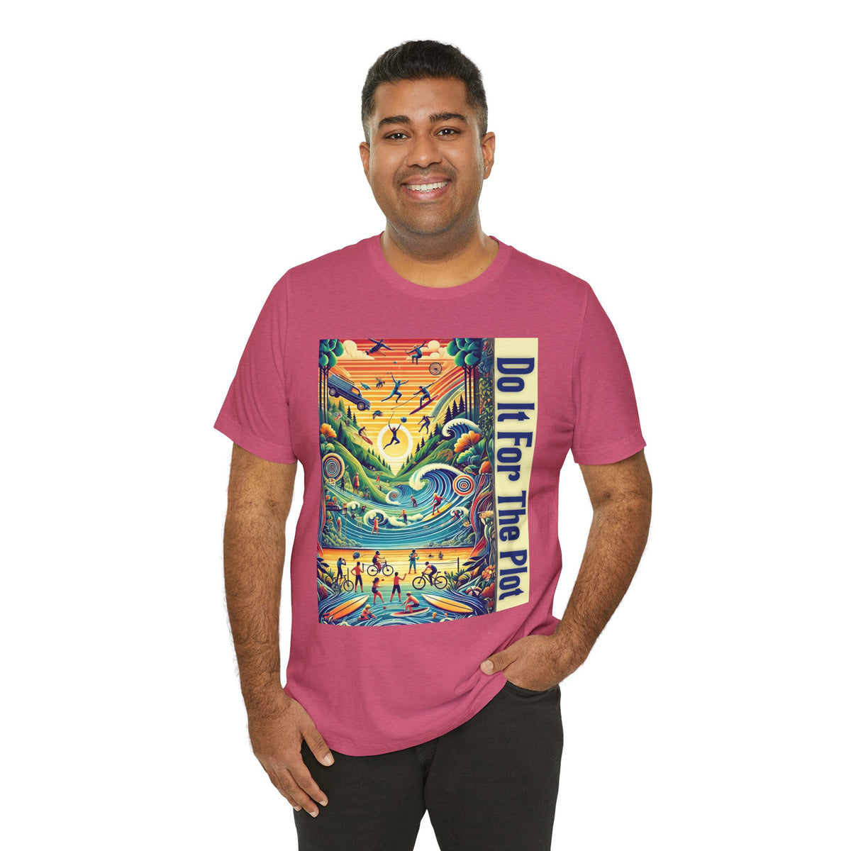 Pink graphic T-shirt on model, rectangular front print and short sleeves