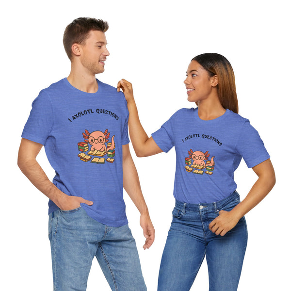 Blue crewneck T-shirt with axolotl reading book graphic, couple wearing
