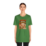 Green short-sleeve t-shirt with “Pumpkin Spice Everything” illustrated pumpkin spice display