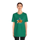 Green crew-neck t-shirt with orange fish-shark swimming graphic on chest