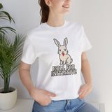 White crew-neck T-shirt with bunny illustration and “ROLL FOR INITIATIVE” graphic