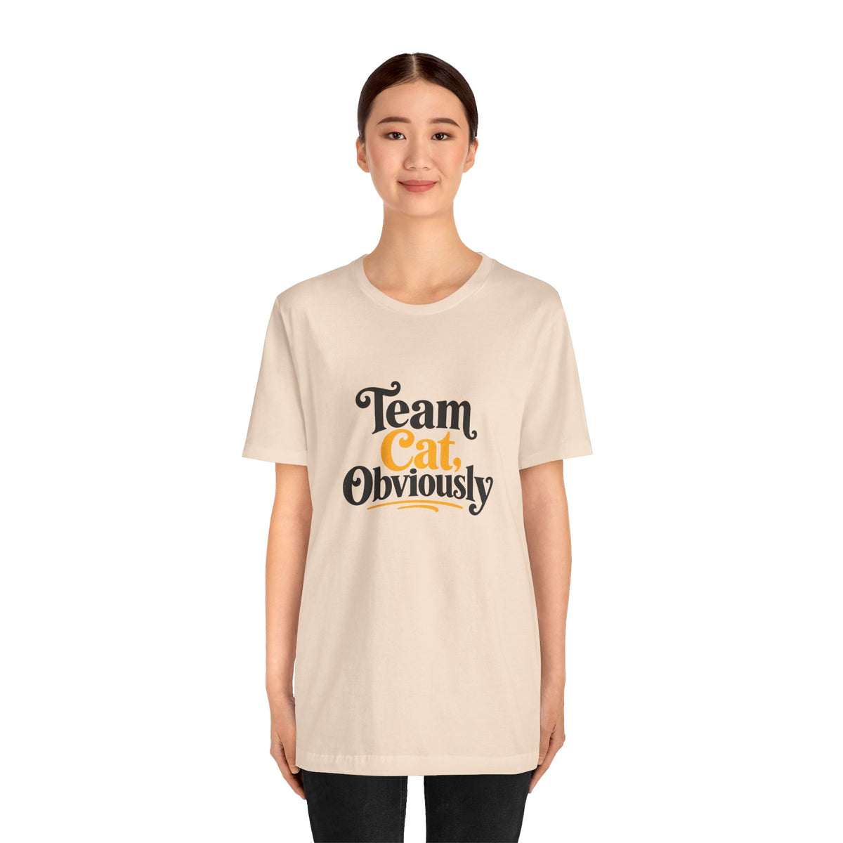 Soft cream crew-neck T-shirt with “Team Cat, Obviously” cat graphic on front