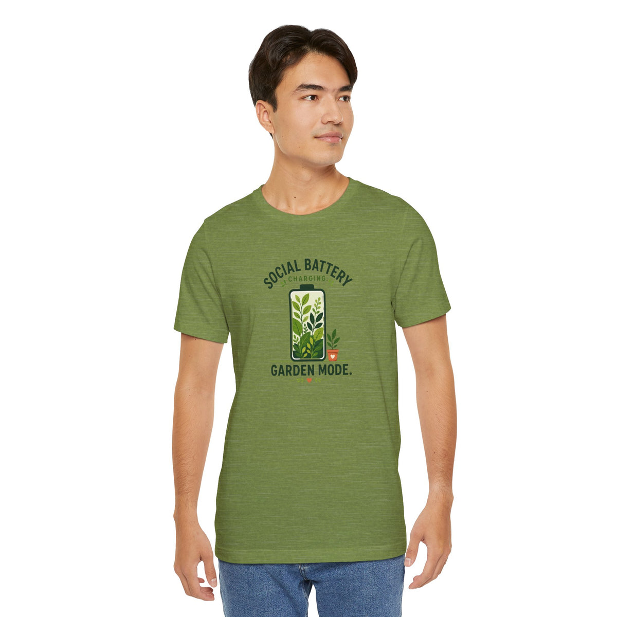 Green crew-neck T-shirt with “SOCIAL BATTERY” and “GARDEN MODE” plant graphic