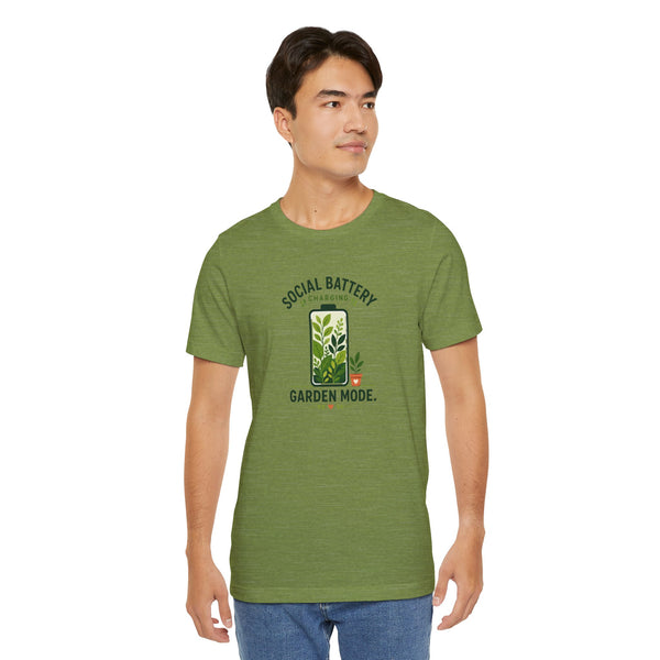 Green crew-neck T-shirt with “SOCIAL BATTERY” and “GARDEN MODE” plant graphic