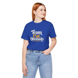 Blue crewneck T-shirt with “Team Cat, Obviously” front graphic