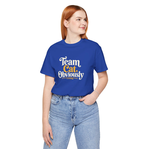 Blue crewneck T-shirt with “Team Cat, Obviously” front graphic