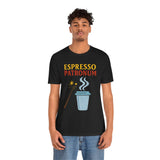 Black crew-neck T-shirt with “Espresso Patronum” text and steaming coffee cup graphic