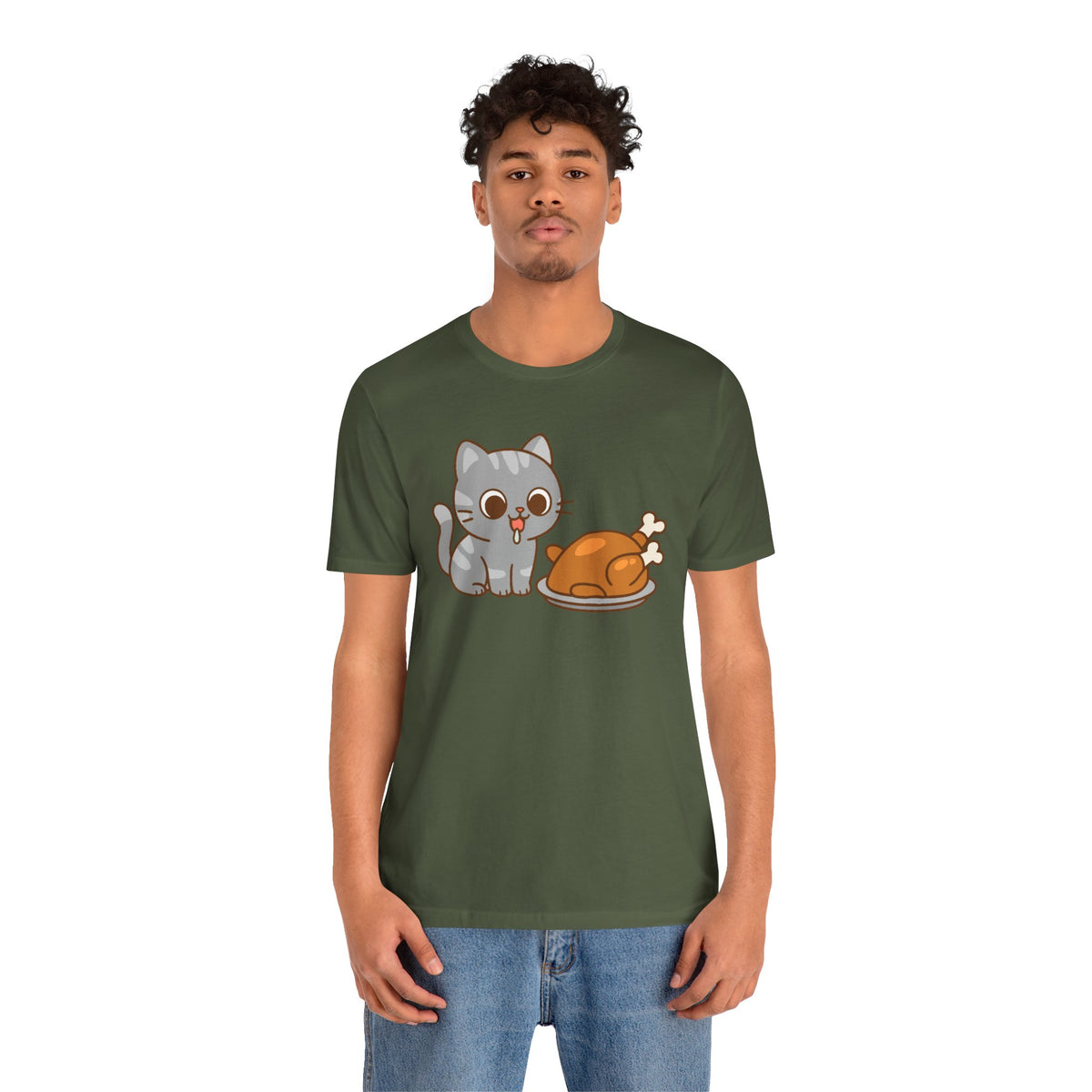 Olive green crew-neck t-shirt with cat and turkey illustration centered on chest