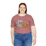 Rose pink cat and turkey graphic t-shirt with hungry cat and turkey illustration on front