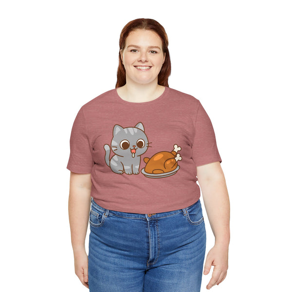 Rose pink cat and turkey graphic t-shirt with hungry cat and turkey illustration on front